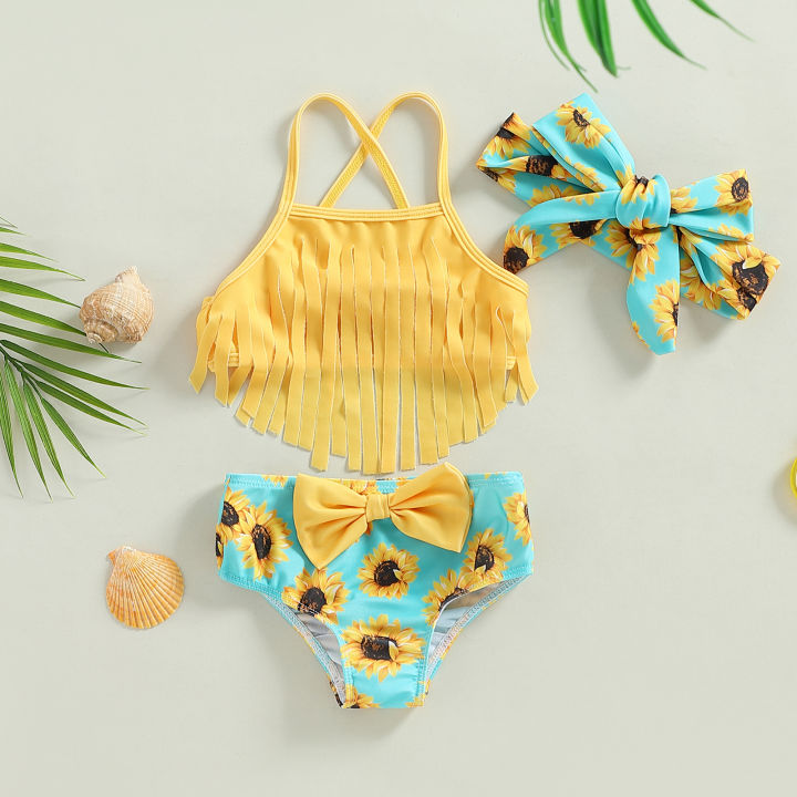 27Y Kids Bikini Set Girls Swimwear 2023 Summer Tassel Sling Sunflower