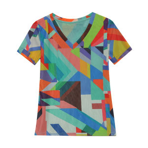 REHIN Summer Fashion Mesh Color Cube Printing Short Sleeve T-shirt V-neck Slim Fit Elegant Womens top