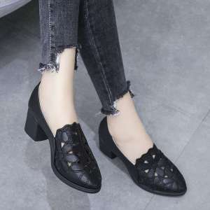 Free Shipping Spring New Collection: WomenS Hollow-Out Soft Leather Single Shoes Featuring A Chunky Heel Breathable Design And A Retro Style That Makes Them Versatile For Everyday Wear And Commuting