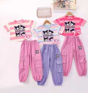 X BABY Setelan Baju Anak Perempuan Lengan Pendek Katun Premium Kuromi Celana Panjang Cargo Casual Style Usia  1-4 Tahun