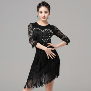 ชุดงานบอลรูมเสื้อผ้านักเต้นผู้หญิงชุดไข่มุกแซมบ้าชุดพู่ลูกไม้ชุดเดรสละตินชิ้นเดียวยืดได้สำหรับงานเลี้ยง