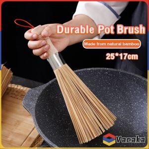 Vacaka Bamboo Wok Brush Cleaning Brush Wooden Handle for Cleaning Dishes Cast Iron Pots Pans
