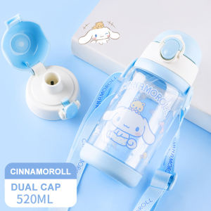520ml Dual Cap Water Bottle Dual Caps with strap and straw BPA Free Cartoon drink bottle for kids school essentials