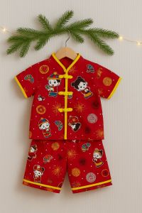 Setelan Baju Imlek Anak Katun Adem Lengan Pendek Celana Pendek Motif Baru Ready Usia 0 Bulan-7 Tahun