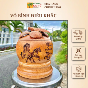 [TẶNG KÈM ẤM] Bình Ủ Ấm Trà Gỗ Dừa Giữ Nhiệt Cao Cấp Điêu Khắc Mã Đáo Trang Trí Decor Quà Tặng Sang Trọng 1000ml