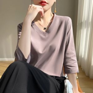 Spring And Summer New Cotton V-neck T-shirt Short-Sleeved Womens Half-Sleeve Bottoming Shirt High-End Cropped Sleeve Top2026
