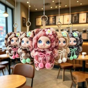 TREASUY Cute Design Rabbit Ear Plush Keychain Vinyl Face Flower Decoration Bunny Vinyl Plush Keychain Backpack Charms Plush Material Rabbit Cat Plush Doll Boys and Girls