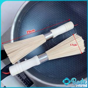 Baete Bamboo Wok Brush Cleaning Brush with Wooden Handle for Cleaning Dishes Cast Iron Pots Pans