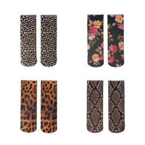 Womens Leopard Snakeskin Print Ankle Socks High Elastic Nylon Silk Hosiery Short Crew Socks for Daily and Event Wear
