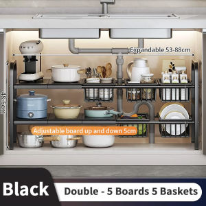Stainless Steel Storage Rack Under Kitchen Sink Retractable Storage Rack Cabinet Multilayer Built-in Storage Rack Ktchen Pot Storage Rack
