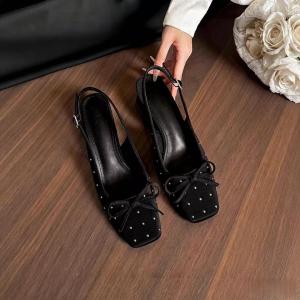 [Free Shipping] 2026 New Bow-Knot Black Single-Strap Sandals With A Closed-Toe Design WomenS Summer Satin Block-Heel High Heels