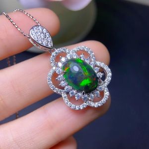 Natural Black Opal Pendant S925 Silver Inlaid 10*14mm Main Stone Colorful Flash Flower Design Silver Chain Included