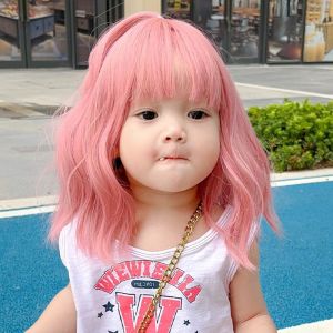 Pink Childrens Wigs Short Curly Head Covering Cosplay Performance Perform Photography Headgear Props Girls Baby Kids Headdress Head circumference 45cm Headwear 2-7Y  粉色儿童假发全头套