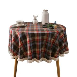 J2UQR3 Cotton Christmas Plaid Tablecloth Tassels Round Table Cover Soft Colourful Table Cloth Christmas Decoration