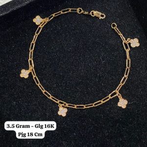 Gelang emas asli kadar 70 16k paperclip VC clover kupu2 nori rantai charm tangan set