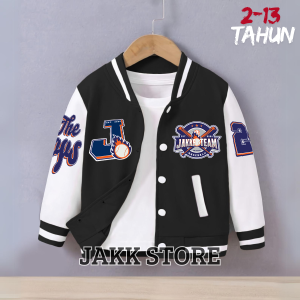 Jaket Baseball Anak Casual Inisial Custom - Bahan Fleece Lembut Warna Merah & Biru - Ukuran 2-13 Tahun