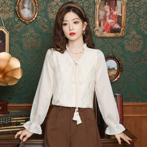 AMMIN 2025 Autumn New Chinese Style Floral Embroidery Design V-Neck Long Sleeve Shirt for Women Fashionable High-End Retro Lace-Up Button Commuting Elegant Blouse