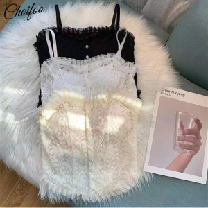 ChoiFoo Women เสื้อกล้ามเข้ารูปพอดีกับหน้าอกเสื้อกั๊กเสื้อชั้นในลูกไม้ลูกไม้เสื้อเอวลอยบาง Tali Bahu Cewek Seksi เสื้อแฟชั่นจีบเสื้อแขนกุดไข่มุกนุ่มและสบายผิวเสื้อคามิโซลเป็นมิตรกับผิว