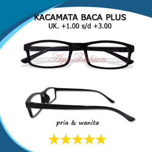 PROMO Kacamata Rabun Dekat +1.00 Sampai +3.00 PLUS Untuk PRIA Wanita Full Rim Hitam Glossy Lensa Bening Bentuk Kotak Panjang Frame Ringan Kokoh - BISA COD DONG