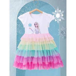 EASY WEARHOUSE Quality Girls Beautiful Princess Frozen Elsa Rainbow Dress Cotton Baju Raya Budak 2024