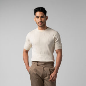 VENGOZ Kaos Rajut Pria Premium - Mens Striped Knitted T-Shirt Cotton Off White SS