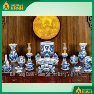 BỘ ĐỒ THỜ BAN THỜ 1M75 - BỘ 1 BÁT HƯƠNG - BỘ ĐỒ THỜ CAO CẤP BÁT TRÀNG – MEN LAM MEN TRẮNG VẼ KĨ