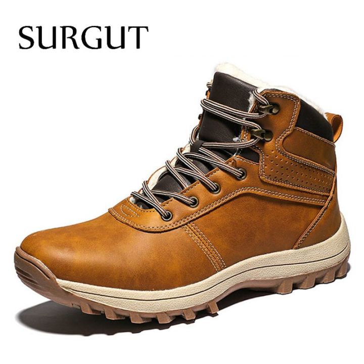SURGUT Leather Winter Men Boots Waterproof Warm Fur Snow Boots Men Outdoor  Winter Work Casual Shoes Ankle Boots Lazada PH