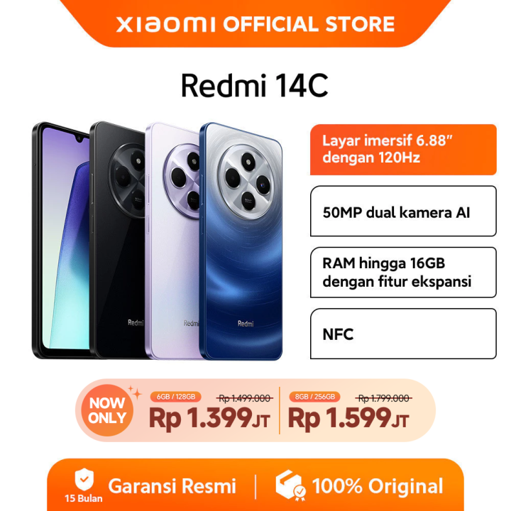 Xiaomi Redmi 14C (6GB/128GB) (8GB/256GB) | Layar 6.88" | Refresh rate 120 Hz | 50 MP dual kamera AI | Baterai 5.160 mAh | NFC [Official Store]