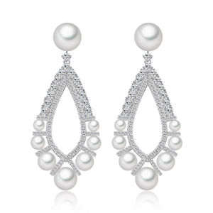 SEQUITO Fashion Classic Jewelry Full Inlay Sparkly AAA CZ Zirconia Stone White Gold Plated with Pearl Hollow Water Drop Long Earring for Modern Brides SE649