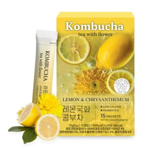 [KKOKDAM] Kombucha Tea - Lemon & Chrysanthemum Korean Tea - Fermented Tea Sticks  Instant Powder Mix with Real Flower Unique Korean Gift for Women - 15 Packs