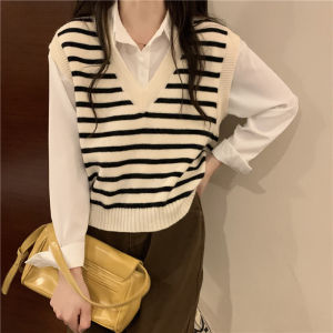 PM✿ Stripe V-neck Vest Knitted Blouse Women Spring Autumn Loose Top
