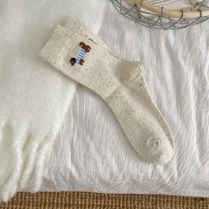 Dot yarn cartoon socks womens middle tube socks pure cotton ins trendy Japanese flocking puppy cute long socks