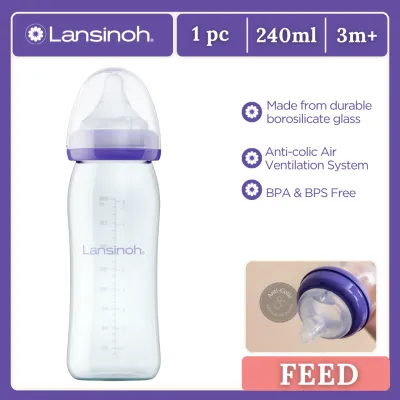 Lansinoh Anti-Colic 240ml Glass Baby Feeding Bottle Baby Essentials Includes Slow Flow Nipples Size M