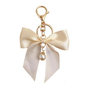 Elegant Ribbon Bows Keychain With Imitation Pearls Detail For Handbag Purse Decoration Practical Metal Keyring Accessory