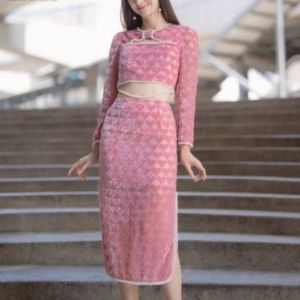 P010-146 PIMNADACLOSET - Long Sleeve Crew Neck Cut Out Front Top Velvet Mesh Long Side Slit Skirt Set