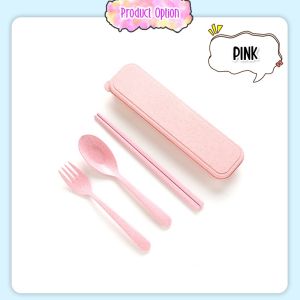 Wheat Cutlery 3 PCS Set Portable Tableware Reusable Travel Wheat Straw Cutlery Set with Box 便携餐具 Sudu Garpu Penyepit - KW46