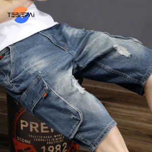 Summer Denim Shorts Mens Loose Oversized Straight Work Shorts Casual and Versatile Hipster Ripped Trousers