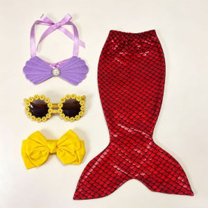 11.11 Mermaid Costume Accessory Set Magenta Scale Tail Shell Bow Pearl Headband Flower Sunglasses Purple Bow Headwrap Party Photo Prop h2610