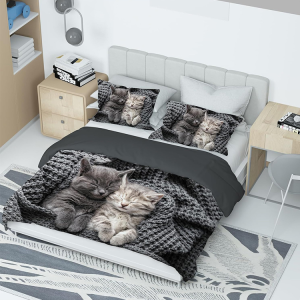 3D Realistic Pet Print Pure Cotton Four-Piece Bedding Set 4pcs Kitten Print Coreless Bedding Set Multiple Sizes Machine Washable