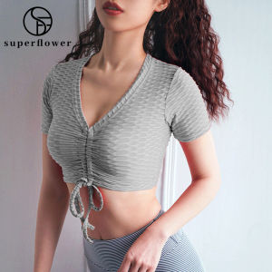 SUPERFLOWER Áo Tập Yoga Nữ Không Đường May Áo Thun Nữ Thể Thao Dây Rút Ngắn Tay Tập Thể Dục Quần Áo Tập Gym Gợi Cảm Cổ Chữ V Áo Hở Eo Chạy Bộ Tập Luyện