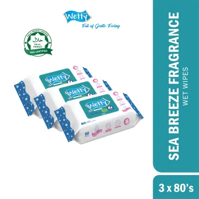 Wetty Wet Wipes Fragrance Sea Breeze Wet Tissue Extra Thick Tisu Basah Tebal 3 x 80s