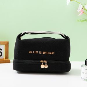GTRBFDS Phong cách Ins Túi đựng đồ trang điểm bằng vải canvas Di động Dung lượng lớn Túi đựng mỹ phẩm Thời trang Hai lớp Túi đựng đồ vệ sinh dành cho phụ nữ