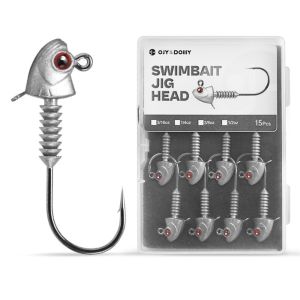 ADREE 15PCS Bạc Đầu Jig móc bơi loại Độ bền cao Dụng cụ câu cá Mắt phát sáng Lưỡi câu nước ngọt nước biển Câu Cá