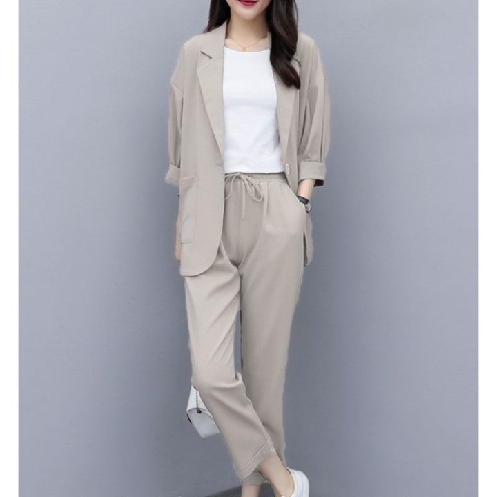 Elegant Girl M-4XL Square Pants Terno Business Casual Attire Office Outfit  For Women Korean Beach Formal Tweed Coordinates Jogger Womens Plus Size  Two-piece Suit Black Beige Pink