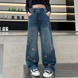 Trendy Coquette Denim Pants for Kids Girls Korean Style Cute Ribbon Embroidered Design Trendy Outfit Maong Pants for Girls 5-12Y