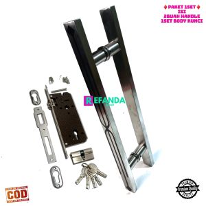 1set lock body kunci dan 2buah gagang handle pintu rumah model baut tembus pilihan panjang 33cm 45cm dan 60cm bahan stainless untuk pintu depan dan kamar daun pintu 1