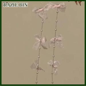 RAZIE BIN คลิปหนีบผมสไตล์โบราณโบว์พู่ยาวประดับมุก2ชิ้นคลิปด้านข้างริบบิ้นเจ้าหญิงนางฟ้าเครื่องประดับผมของขวัญ