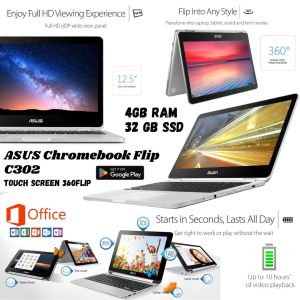 ASUS Chromebook Flip C302 12.5” Full HD Touchscreen 4GB RAM 32GB SSD Intel Core M5 Backlit Keyboard Chrome OS