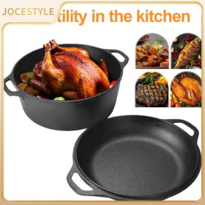 JOCESTYLE หม้อเหล็กหล่อดัตช์ 2 in 1 พร้อมฝา สำหรับทำขนมปังและย่าง ทนทาน สีดำสำหรับแคมป์ปิ้งและใช้ในบ้าน