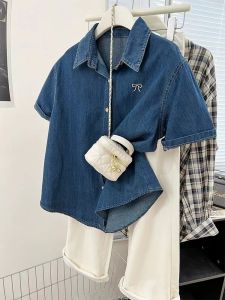 Zebina   เสื้อผู้หญิง แจ็คเก็ต เสื้อเชิ้ตยีนส์ ลำลอง สไตล์เกาหลี เสื้อเชิ้ตยีนส์แขนสั้น เข้ารูป